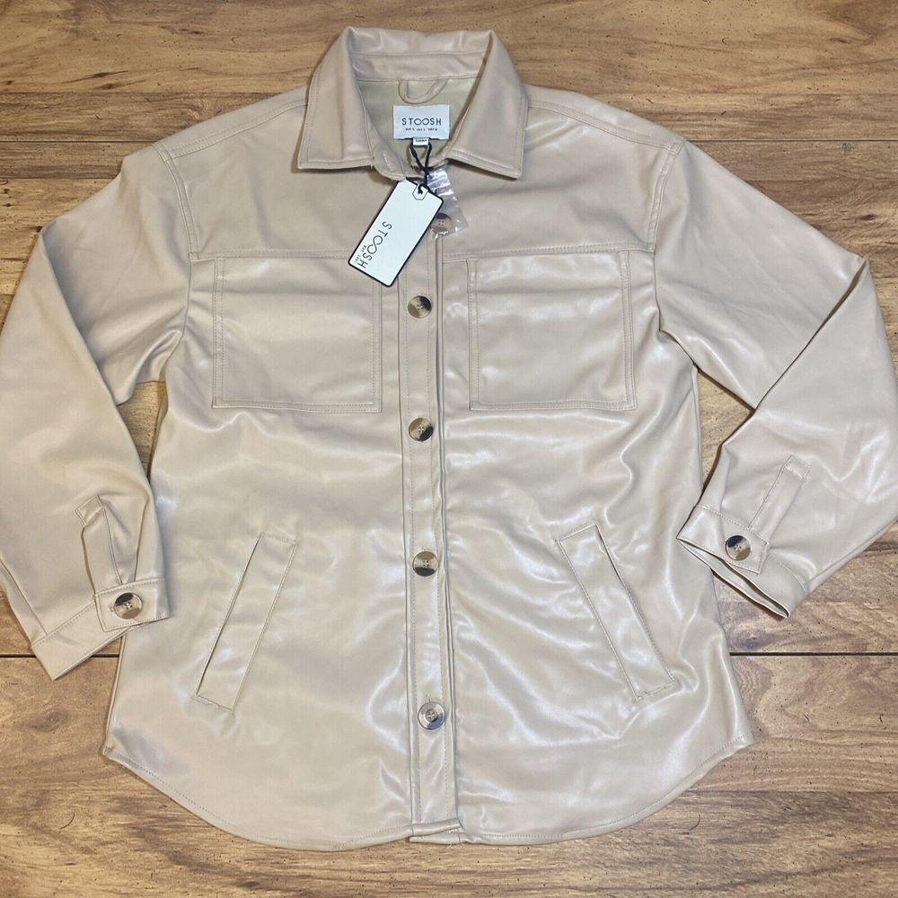 NWT Stoosh Faux Leather Jacket‎ Coat Color: Light Sand Tan Beige Women's L Shirt